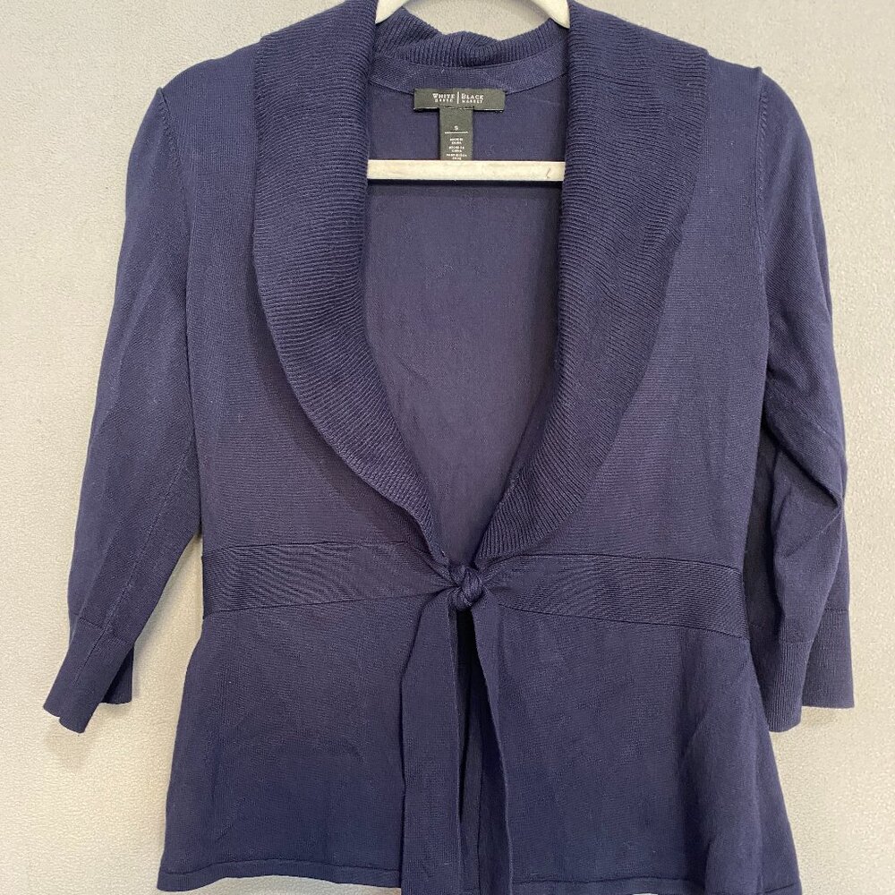 White House Black Market Navy Tie Front Cardigan Womens Small Shawl Collar Knit